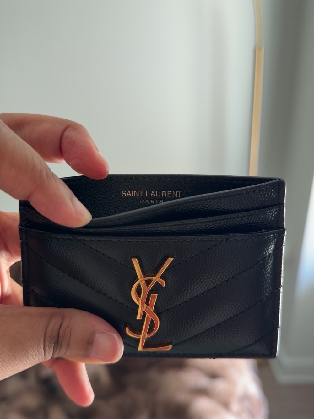 Saint Laurent Black Leather YSL Card Holder with Gold Hardware